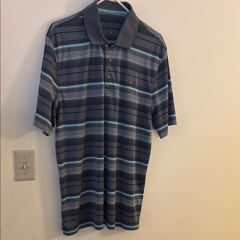 Greg Norman Collection Blue and Gray Polo Shirt Classic Striped Design